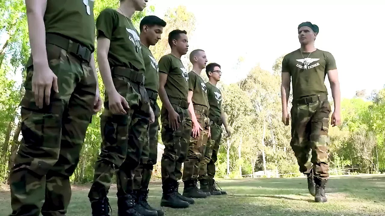 weak cadet fails physical exam and gets disciplined by muscular sergeant on the field poster