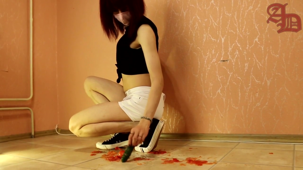 tranny giantess crushes tomatoes and cucumber in sneakers and mini shorts (crush fetish) poster